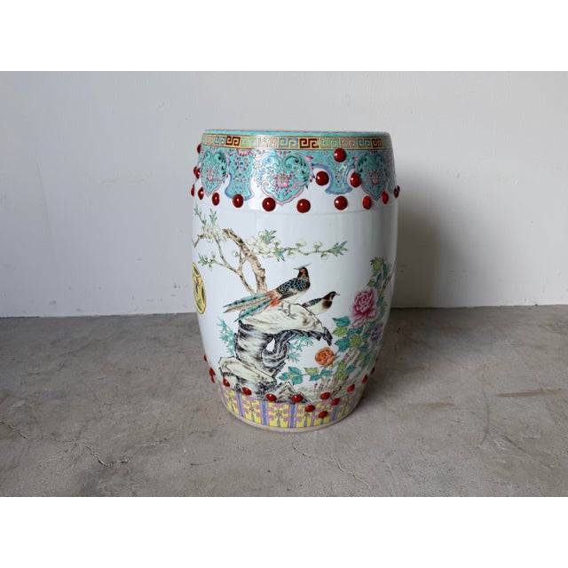 Vintage Chinese Famille Rose-Style Hand-Painted Porcelain Garden Stool With Pierced Cash-Coin Motifs For Sale - Image 9 of 12