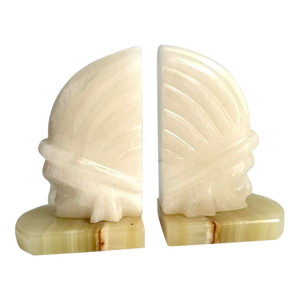 Mid Century Alabaster Bookends Native Warrior Chief Tribal Aztec Style