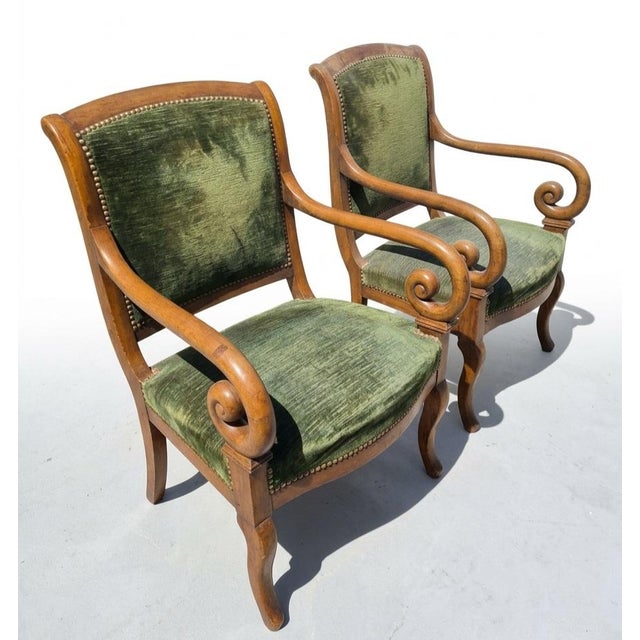 Pair of 19th-Century Louis Philippe Green Velvet Fauteuils (Armchairs). For Sale - Image 4 of 5