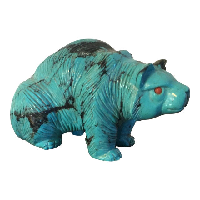 Native American Indian Zuni Style Carved Turquoise Fetish Figure of a Bear With Carnelian Eyes For Sale