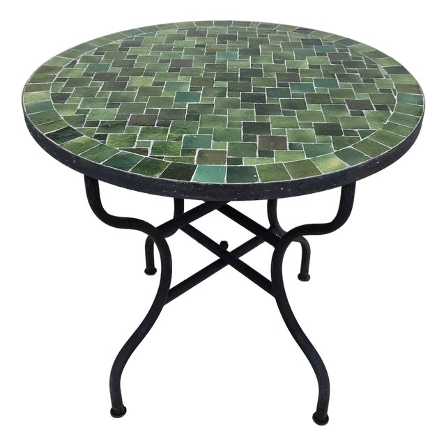32" Moroccan Round Mosaic Table, Tamegrout Green Bejmat Style / Squares For Sale