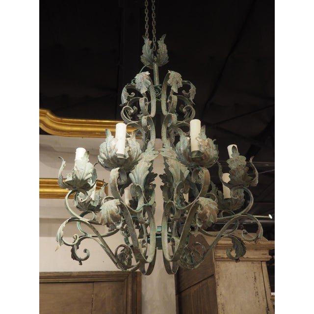 Metal A French Patine Vert Wrought Iron and Tole 8-Light Chandelier, 20th Century For Sale - Image 7 of 18