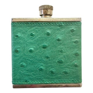Vintage 1980s Sir Rondo's Teal Green Ostrich Leather Small Pocket Flask Bottle For Sale