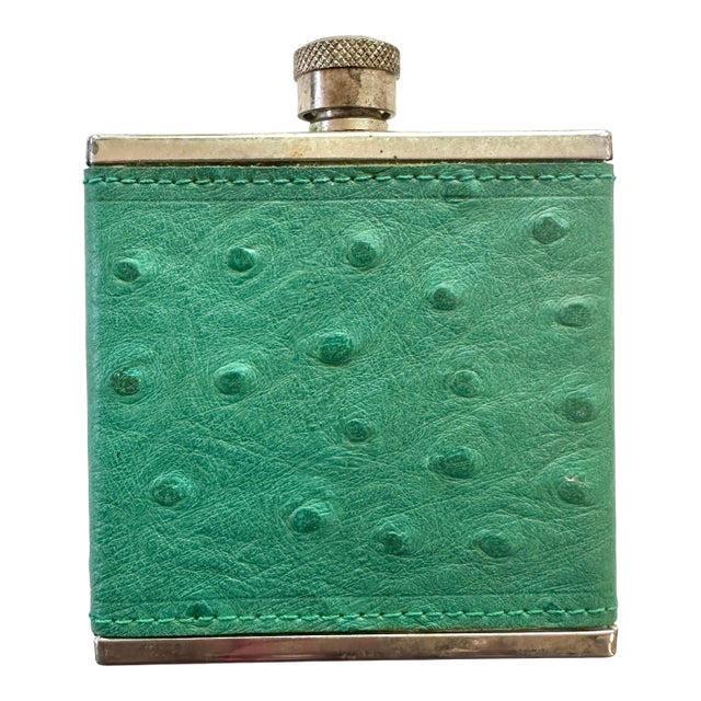 Vintage 1980s Sir Rondo's Teal Green Ostrich Leather Small Pocket Flask Bottle For Sale
