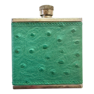 Vintage 1980s Sir Rondo's Teal Green Ostrich Leather Small Pocket Flask Bottle