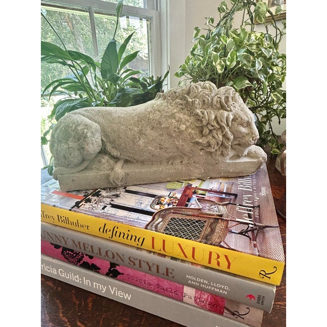 Vintage Weathered Concrete Recumbent Lion Garden Sculpture 16.5” For Sale - Image 10 of 10