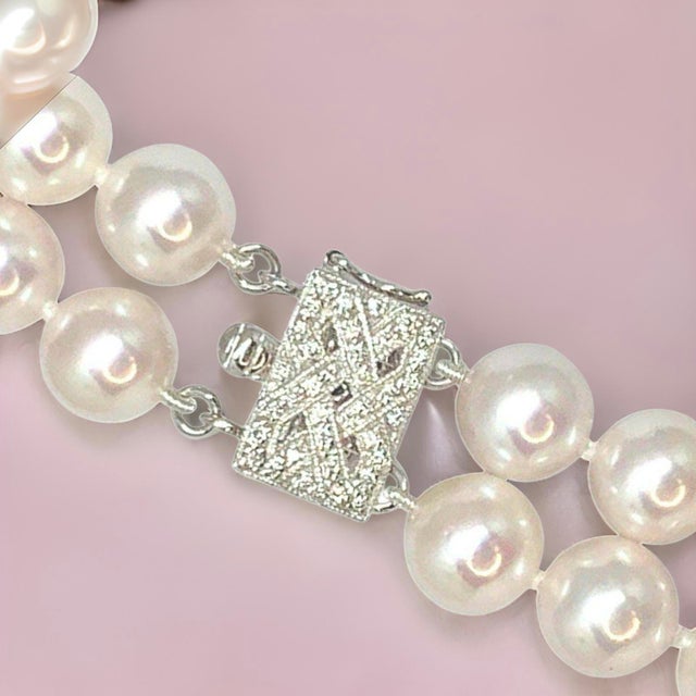 1990s 1990s Diamond Akoya Pearl Necklace 8 Mm 14k Gold 18 3/4" 2-Strand Certified For Sale - Image 5 of 15
