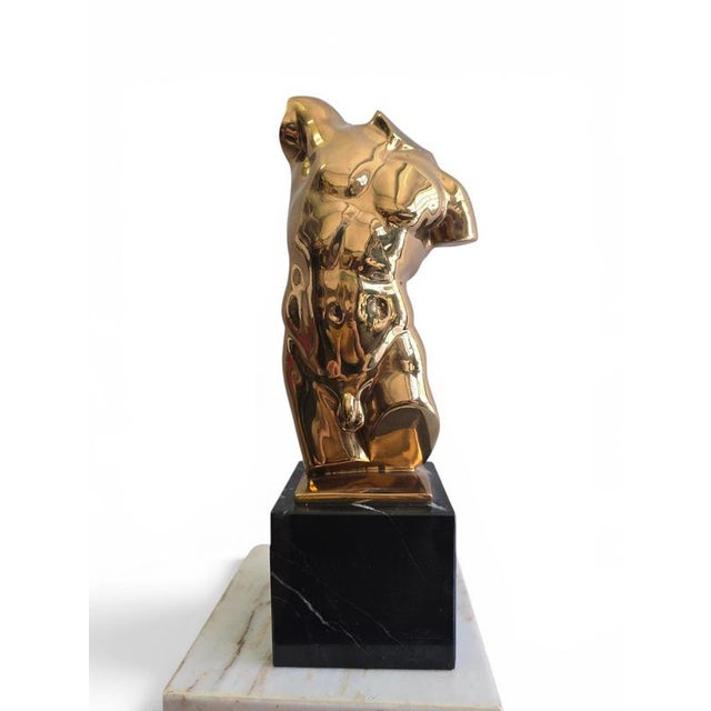 Italian Artist, Gilt Bronze Male Torso on Black Marble Base, 1950s, Bronze For Sale - Image 12 of 13