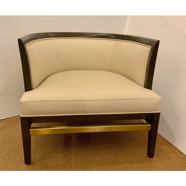 Original retail $4200, stylish Currey & Co. Modern Stone Leather Mira Club Chair, dark gray finished wood frame with satin...