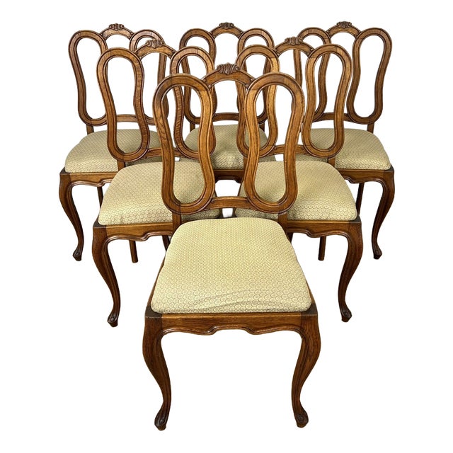 French Louis Style Oak Dining Chairs with Upholstered Seats, Set of 6 For Sale