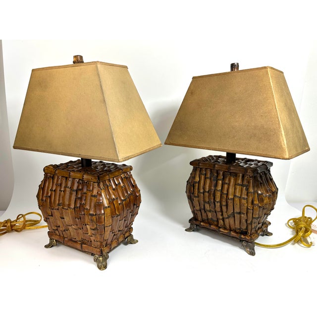 Chinoiserie 1980s Chinoiserie Asian Safari Style Rectangle Bamboo Table Lamps - a Pair For Sale - Image 3 of 10