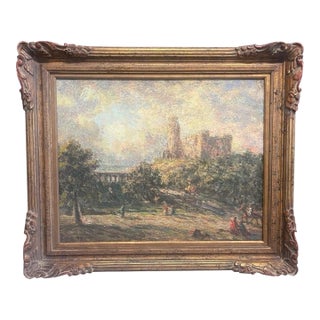 An Antique Oil Painting Luminous Citadel: A Classic European Landscape For Sale