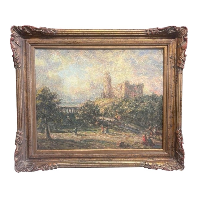 An Antique Oil Painting Luminous Citadel: A Classic European Landscape For Sale