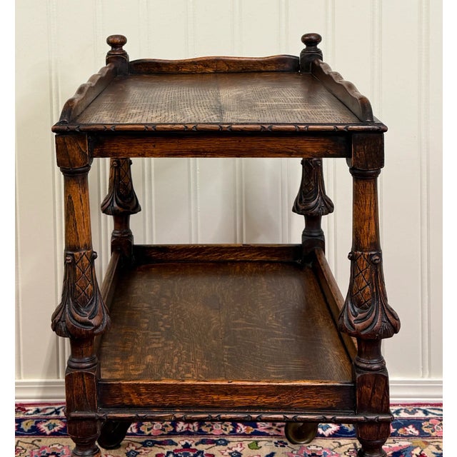 Brown Antique English Trolley Tea Cart Pastry Cocktail Bar Cart Tray Tudor Oak 1930s For Sale - Image 8 of 18