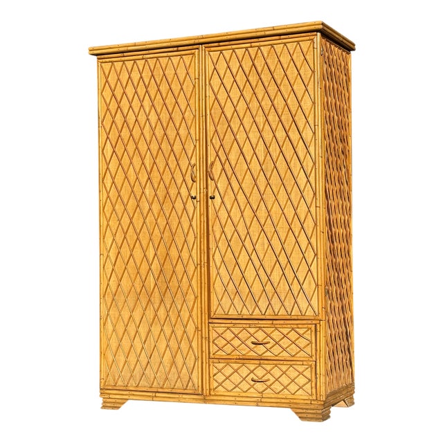 Mid-Century Modern French Bamboo Wicker Wardrobe, 1970 For Sale