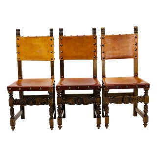 Antique Swedish Folk Art Farm Country Dining Chairs in Pine and Tan Leather, 1890s For Sale