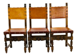 Antique Swedish Folk Art Farm Country Dining Chairs in Pine and Tan Leather, 1890s