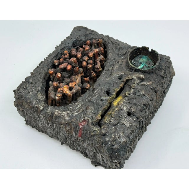 A beautiful brutalist torch cut steel, dyed bronze and glass enamel Containment box by the noted Des Moines Iowa artist...