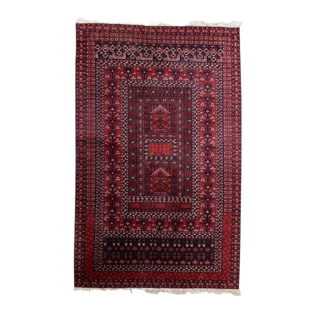 1960s Handmade Vintage Turkmen Hachli Rug 4.6' X 7.2' For Sale