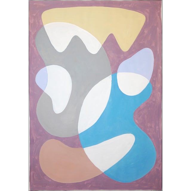 2026, Mid Century Modern Painting, Floating Organic Shapes in Playful Tones, Mauve Background, Acrylic on Paper For Sale