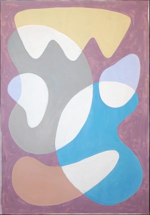 2026, Mid Century Modern Painting, Floating Organic Shapes in Playful Tones, Mauve Background, Acrylic on Paper