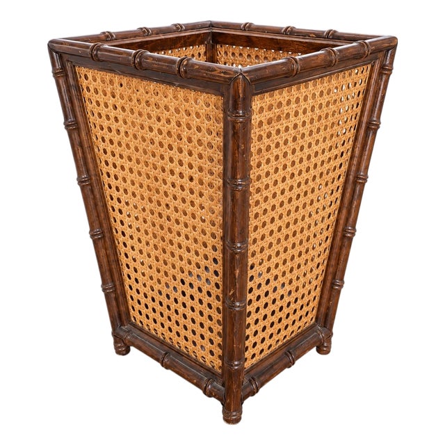 Vintage Wooden Faux Bamboo and Woven Cane Sided Waste Basket in Dark Wood For Sale