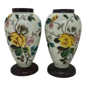 Late 19th Century Bristol Glass Hand Painted Floral Roses Vases - a Pair