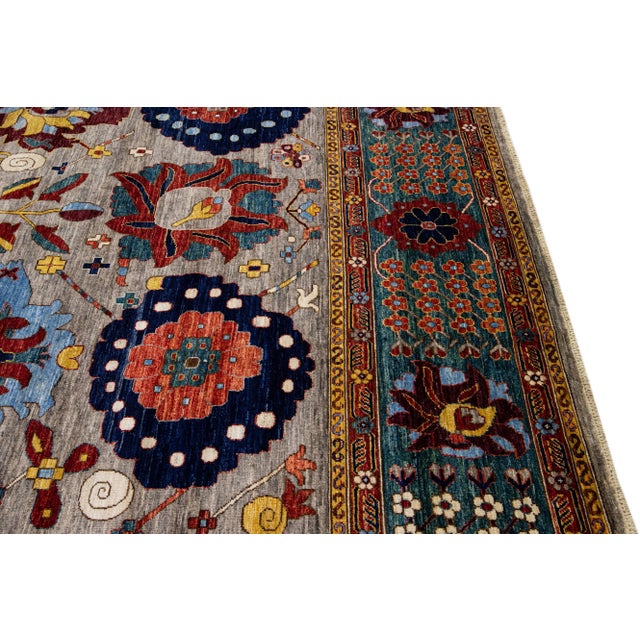 Gray Gray Modern Serapi Style Handmade Floral Designed Wool Rug For Sale - Image 8 of 10