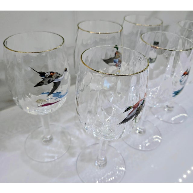 Mid 20th Century Vintage Ned Smith Waterfowl Series 22k Gold Rim Crinkle Wine Glasses Set of 6 For Sale - Image 5 of 14