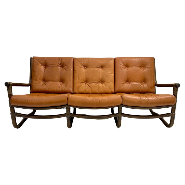 Mid-Century Modern Rattan and Cognac Leather Sofa, Italy, 1970s For Sale - Image 6 of 6