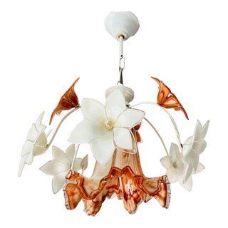 Vintage Italian Murano Style Handblown Swirl Ruffled Shade Pendant, Vintage Amber Brown & White Glass Botanical Chandelier For Sale