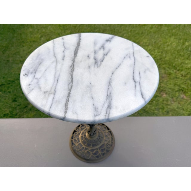 Vintage 17" Pierced Brass Side Table W/White & Grey Marble 15" Top For Sale - Image 4 of 7