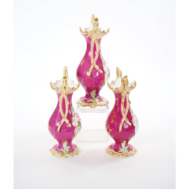 English Antique English Porcelain Gilt & Painted Three-Piece Urn / Vase Garniture Set For Sale - Image 3 of 10