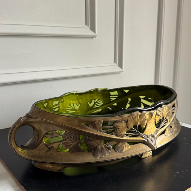 Art Nouveau Vintage Art Nouveau Centerpiece Bowl With Green Glass Insert and Flowing Lines & Ginkgo Leaf Motifs 18.75"x9.5"x4.25" For Sale - Image 3 of 13