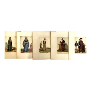 A Set of Five Original Watercolor Illustrations of 12th- To 16th-Century English Fashions For Sale
