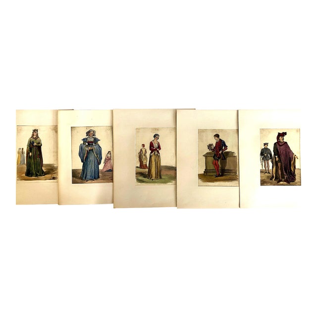 A Set of Five Original Watercolor Illustrations of 12th- To 16th-Century English Fashions For Sale