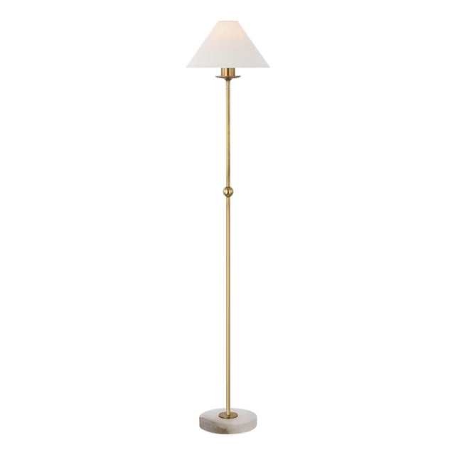 Chapman & Myers by Visual Comfort Signature Caspian Medium Floor Lamp in Antique-Burnished Brass and Alabaster with Linen Shade For Sale