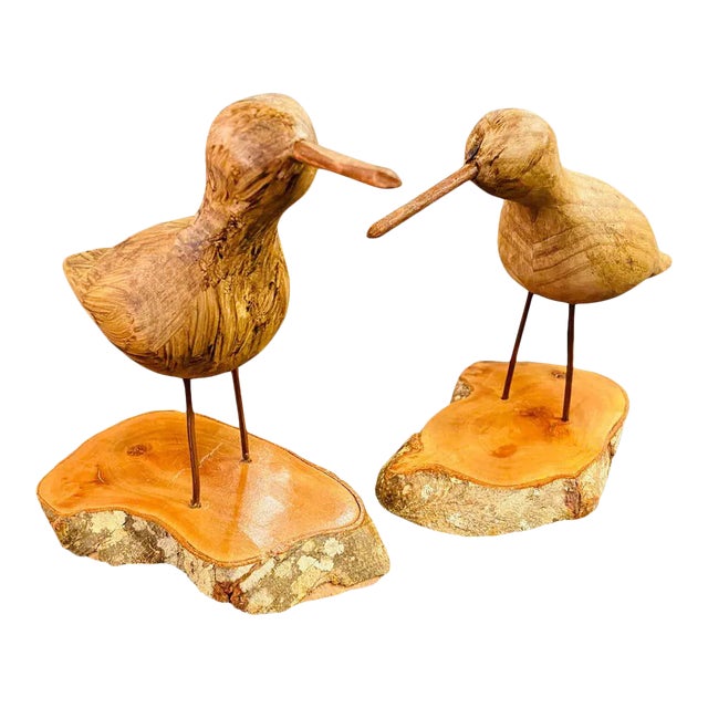 Hand Carved Wood Birds on Wooden Bases - a Pair For Sale