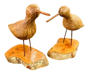 Hand Carved Wood Birds on Wooden Bases - a Pair