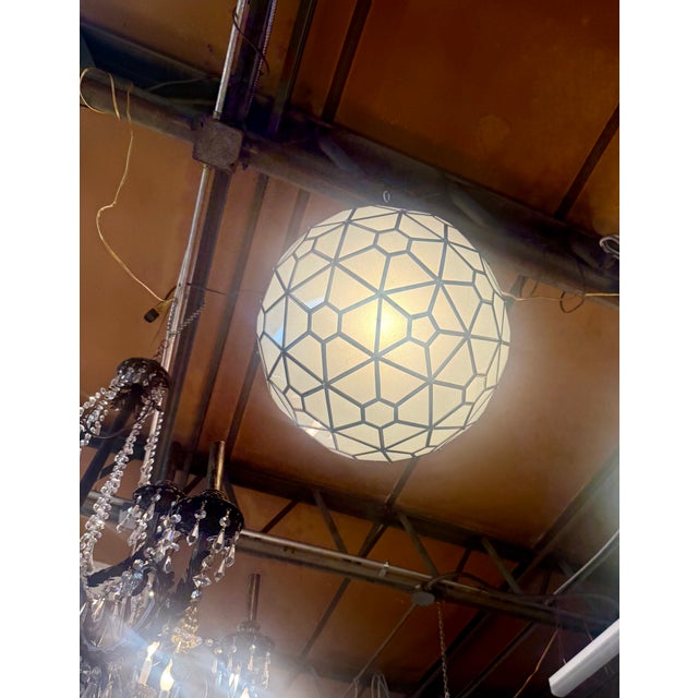 Art Deco Style Milk Glass and Brass Round Chandelier, Pendant or Lantern For Sale - Image 16 of 16