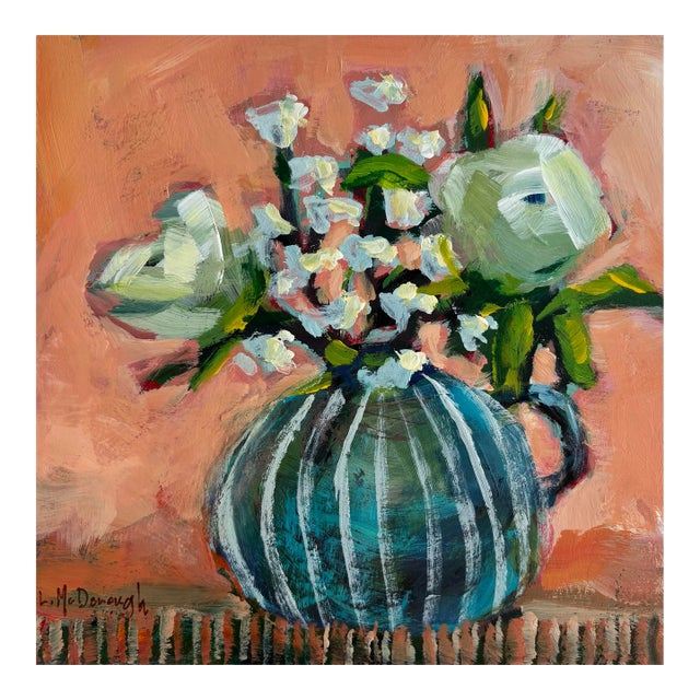 “Peachlight Bouquet” Original Acrylic Expressive Floral Still Life by Linda McDonough For Sale