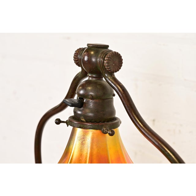 Metal Tiffany Studios New York Bronze Harp Floor Lamp With Favrile Glass Shade For Sale - Image 7 of 16