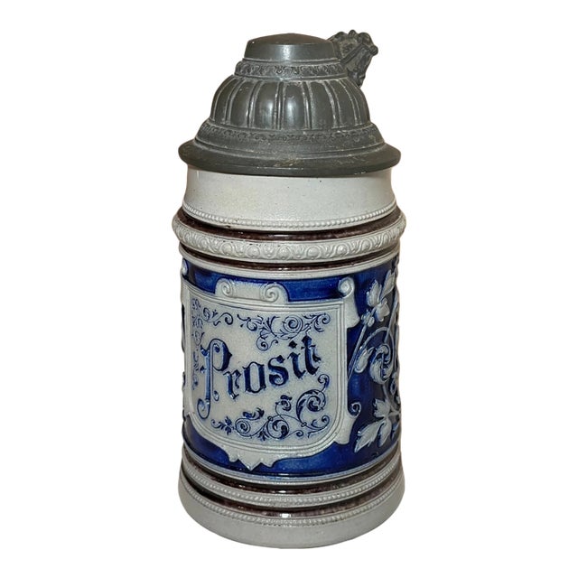 Antique Handmade Westerwald German Prosit Pottery Pewter Lidded Beer Stein Mug For Sale