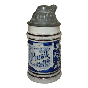 Antique Handmade Westerwald German Prosit Pottery Pewter Lidded Beer Stein Mug