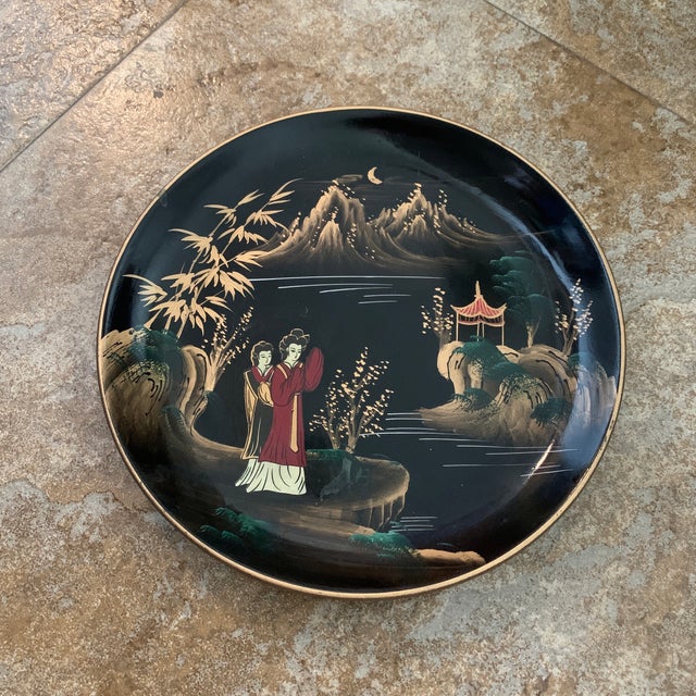 1980s Black Enamel Asian Plate For Sale In West Palm - Image 6 of 6
