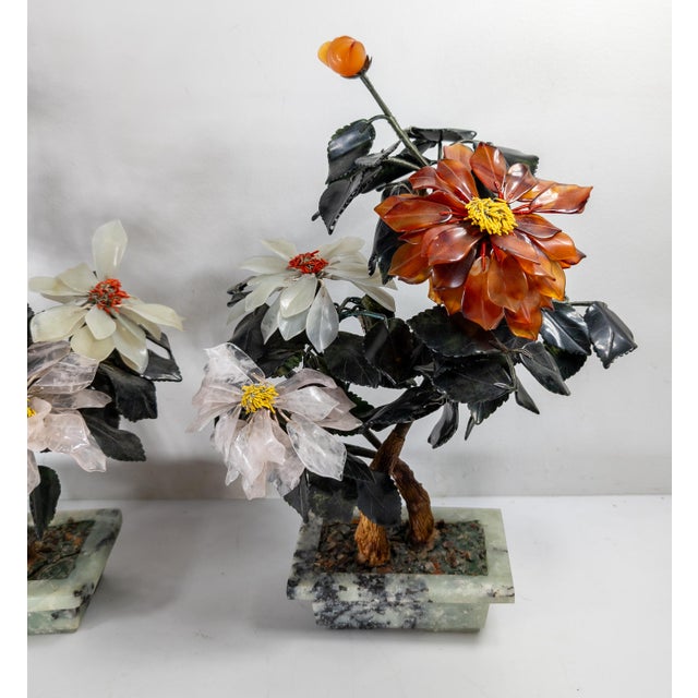 20th Century Chinese Chinoiserie Pair of Jade Trees With Nephrite, Carnelian and Rose Quartz For Sale - Image 4 of 18
