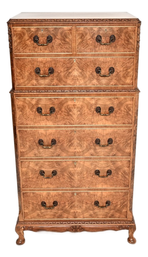 Burr Walnut Chest on Chest of Drawers, 1930s
