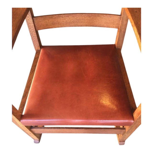 Wood L & J. G. Stickley Oak Rocking Chair With Cognac Saddle Leather Covered Seat, Circa 1912 - 1920 For Sale - Image 7 of 12