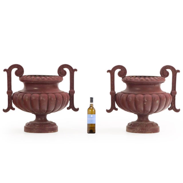 French Pair of French Painted Cast Iron Garden Urns, C 1890. Labeled Alfred Corneau. For Sale - Image 3 of 6