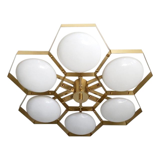 21st Century Hive Polished Brass Glossy White Murano Flush Mount by Fabio LTD For Sale
